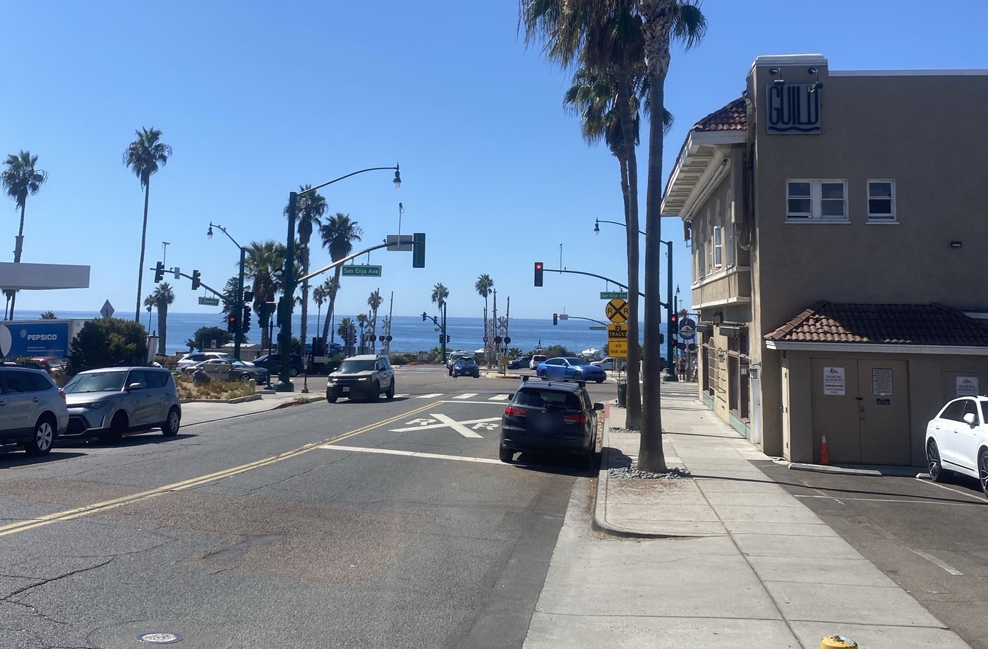 Palms and the ocean at the bottom of the street at San Elijo Ave in Cardiff, photographed by PJ